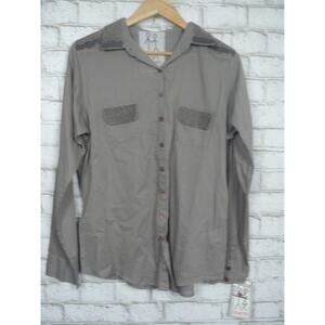 $200 Pete & Greta by Johnny Was Grey Beaded Button Down Blouse Medium NEW